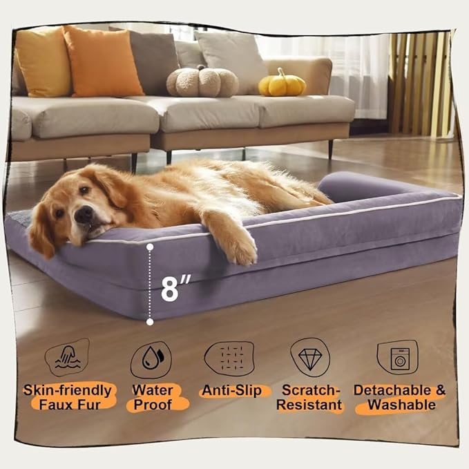 Orthopedic Large Dog Bed Washable, Dog Beds with Washable Removable Cover, XLarge Orthopedic Dog Beds for XLarge Dogs, Waterproof Pet Beds and Non-Slip Bottom, Extra Purple Large Dog Bed