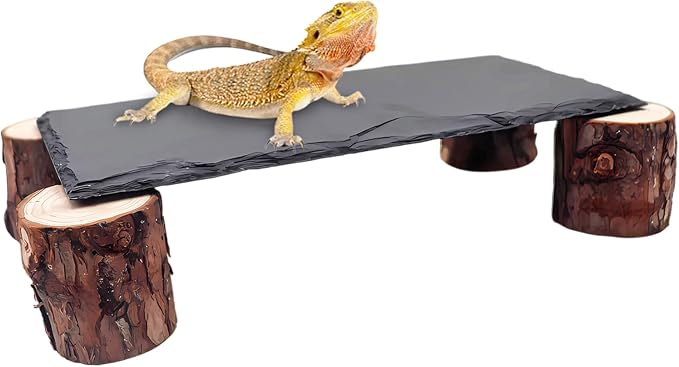 Bearded Dragon Basking Platform, Slate Rocks for Reptiles with Wooden Pile, Leopard Gecko Hides and Caves, Reptile Tank Accessories for Bearded Dragons, Geckos, Ball Pythons, Tortoise (Black, Small)
