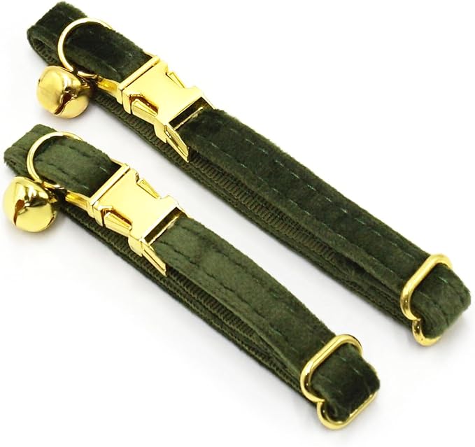 Personalized Cat Collar with Bells,Velvet Customized Small Cat Collar with Name Tag,Pet Collar with Name Phone Number Engraved ID Tags for Boy and Girl Kitten Cats (Deep Green)