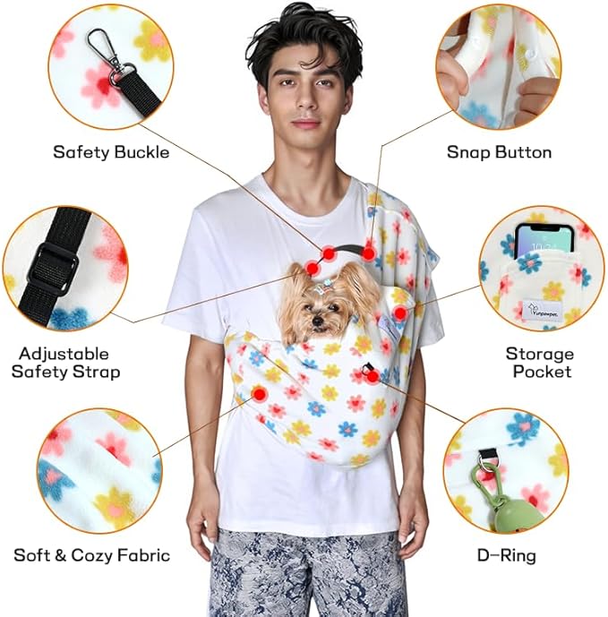 Dog Sling Carrier for Cats and Small Dogs – Hands Free Pet Sling with Adjustable Safety Strap & Buckle, Soft Cat Sling Carrier for Snuggling, Portable Dog Carrier Sling (Large, Daisy)