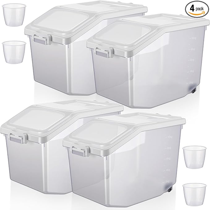 Sunnyray 4 Pcs Rice Storage Container 27.5 lb Airtight Flour Container with Wheels Measuring Cup White Pet Food Dog Cat Birds Food Bin Grain Cereal Organizer Box for Dry Baking Supplies
