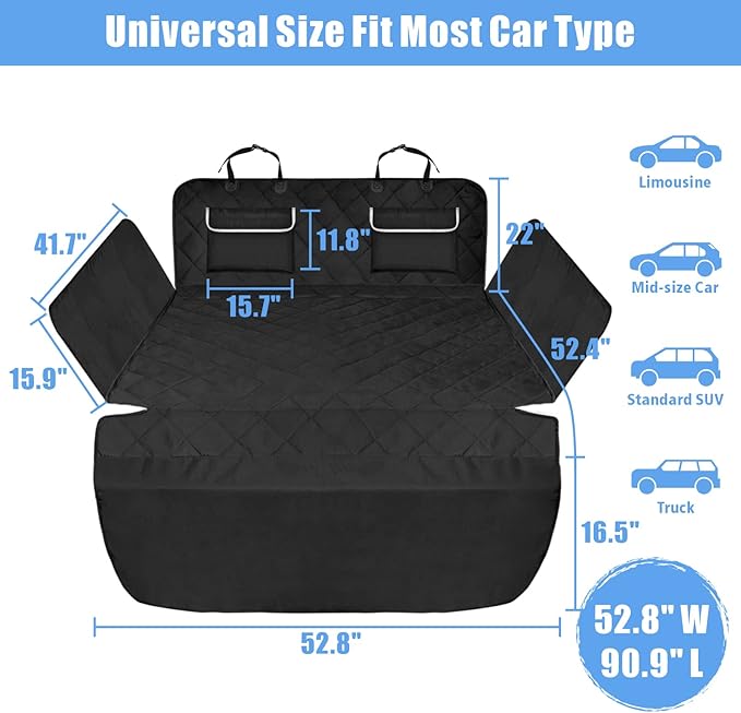 F-color SUV Cargo Liner for Dogs - Waterproof Pet Cargo Liner with Side Flaps, Comfort Dog Cargo Cover with Bumper Flap 2 Pockets, Scrachproof Non-slip Large Size Universal Fit SUVs Sedans Vans, Black