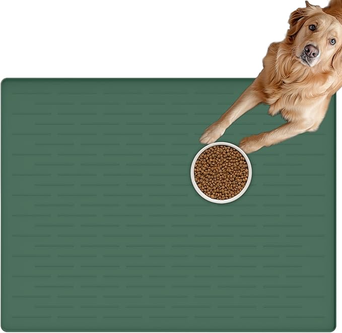 Extra Large Pet Food Mat for Dogs, 32''x24'' Waterproof Dog Feeding Mat, Non-Slip Silicone Dog Bowl Mat for Floors, Easy Clean Pet Water Mat Tray (Dark Green)