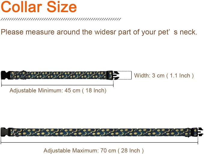 Gold Sun Moon Stars Dog Collar Pet Neck Strap for Small Medium Large Dogs Soft Adjustable Buckle