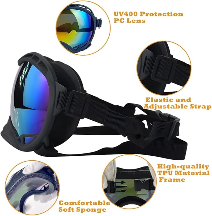 Dog Goggles for Large Breeds Anti-UV Sunglasses for Medium to Large Dogs, Windproof, Dustproof, Snowproof Eye Protection, Soft Frame Pet Goggles for Outdoor Activities (Colored Lens)