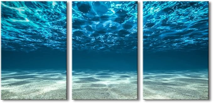Wieco Art 3 Piece Blue Ocean Bottom Canvas Wall Art for Living Room Beach for Bedroom Wall Decor Seaview Pictures Painting On Canvas Modern Canvas Prints Artwork for Home Decorations