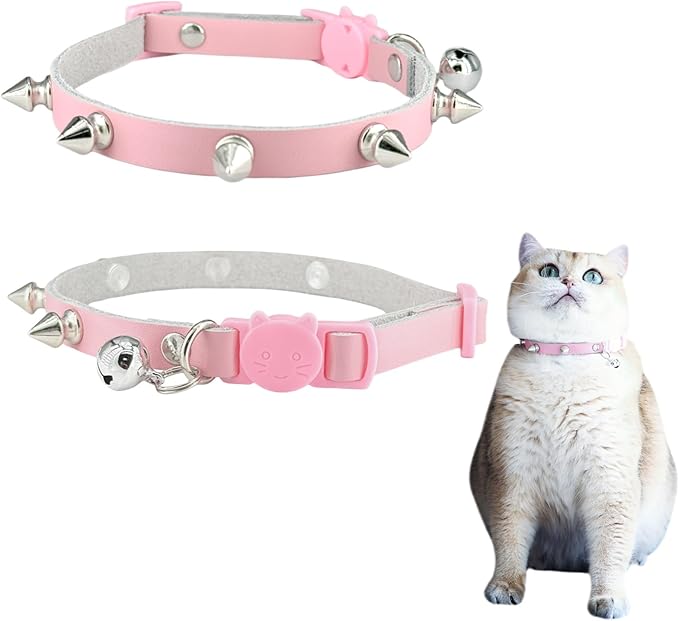 Spiked Cat Collar with Bells, Breakaway Genuine Leather Protective Collar for Kitty, Studs Spikes Punk Style Adjustable for Girl Boy Kittens Small Bunny Rabbit, 8"-9.5" Pink