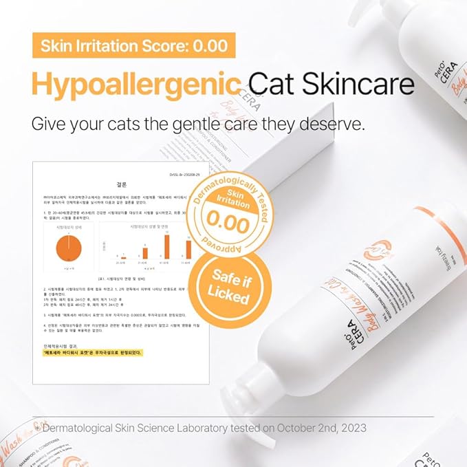 Breezytail PetO’Cera All-in-One Cat Shampoo and Conditioner | Hypoallergenic Cat Skin & Coat Care | Itch Relief, Moisturizing & Rejuvenating | Veterinarian Approved (10.1oz, 300ml) (Unscented)