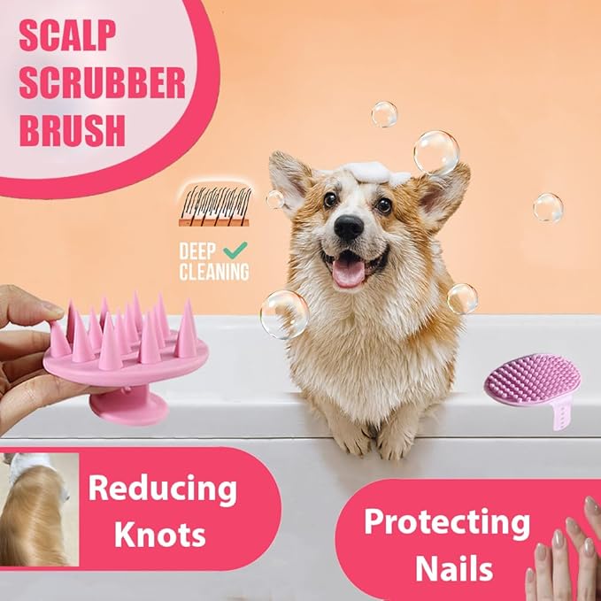 Dog Bath Brush Washing Kit - 5pcs Dog Grooming Washing Brush & Drying, Adjustable Handle Scrubber Massager Bathing Brush for Long & Short Haired Dogs, Scalp Scrubber Hair Bath Brush Set Pink