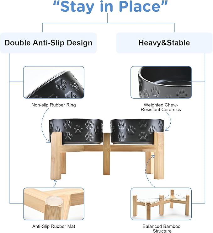 SPUNKYJUNKY Elevated Dog Bowls Ceramic, 6.1'' Dogs and Cat Food Water Bowls Raised with Non-Slip Bamboo Stand for Medium Sized Breed Microwave Dishwasher Safe - 28.7 OZ,Paw Black