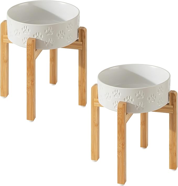 Elevated Ceramic Dog Bowls 2 Pack, 8.3 inch Raised Dog Bowl for Large Sized Dogs, 10" Wide x 11" Tall with Non-Slip Bamboo Stand, Dishwasher Safe (Double Bowls + Double Stands - White, 8 inch)