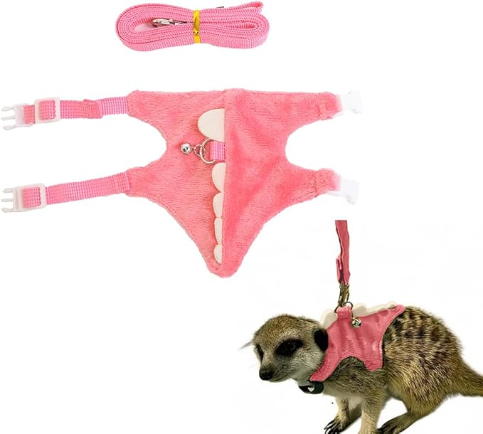Ferret Leash and Harness Set, Dinosaur Design Small Animal Harness with Leash, Adjustable & Escape-Proof, Soft Plush Comfort for Rabbits, Kitten, Bunny, Hedgehog (Pink)