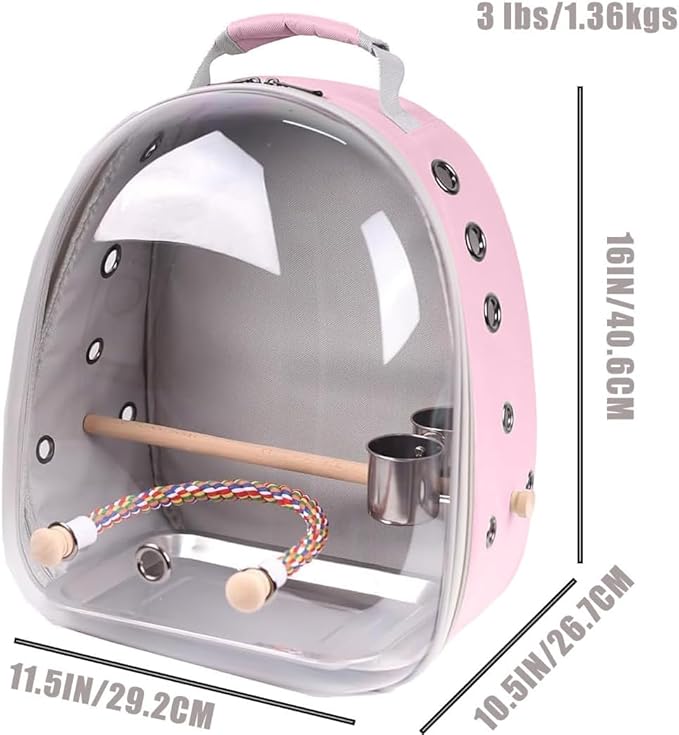 Bird Travel Backpack Carrier, Clear Bubble Window Transport Backpack for Birds, Space Capsule Astronaut Liked Vet Carry Book Bag for Parakeet Parrot (Pink, Multi Vents)