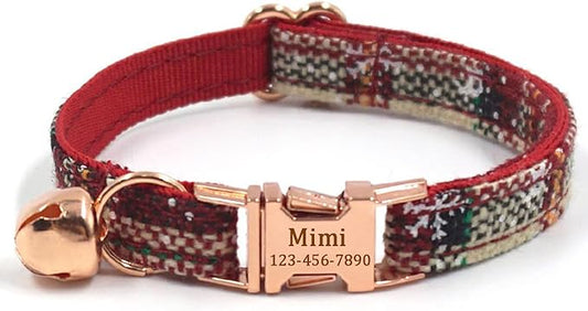 Personalized Cat Collar with Bells,Velvet Customized Small Cat Collar with Name Tag,Pet Collar with Name Phone Number Engraved ID Tags for Boy and Girl Kitten Cats (Khaki Christmas cat Collar)