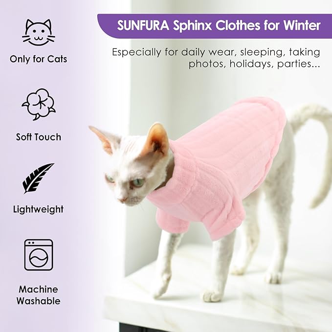 SUNFURA Sweaters for Cats, Hairless Sphynx Sweater Kitten Pullover with Sleeves, Warm and Soft Cat Pajamas Fleece Sweatshirt Jumpsuit, Turtleneck Clothes for Fall Winter, Pink M