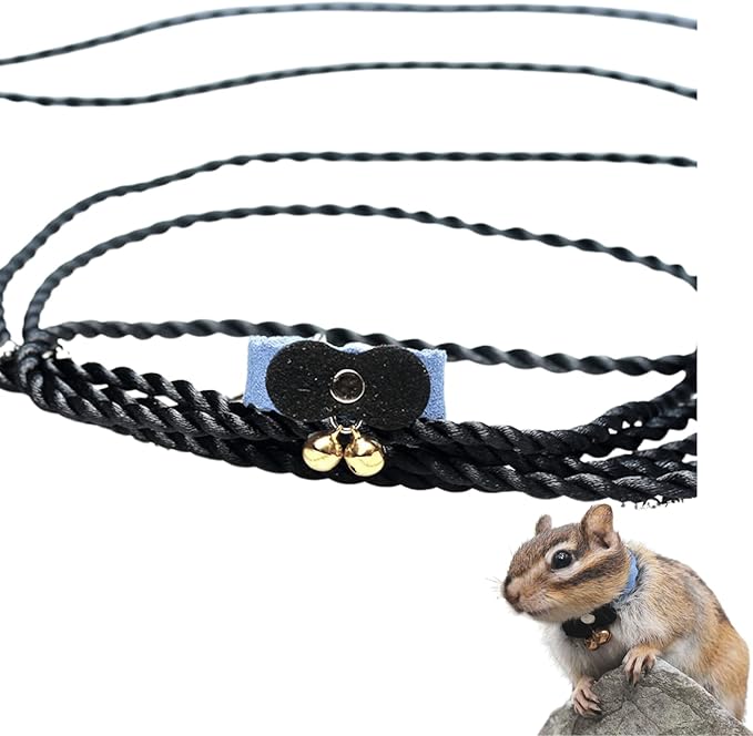 Squirrel Chipmunk Traction Rope Strap Anti-Biting Chain Rope, Small Animal Walking Collar Harness with Lead Leash for Hamster Gerbil Rat Mouse Ferret Chinchilla (Black with Blue)