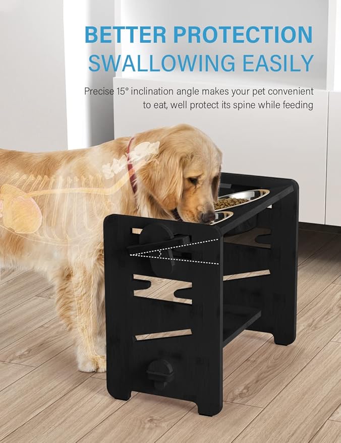 Vantic Elevated Dog Bowls, Adjustable Raised Dog Bowl Stand for Medium Sized Pet, Sturdy Bamboo Food Feeder with 2 Stainless Steel Dishes, Black
