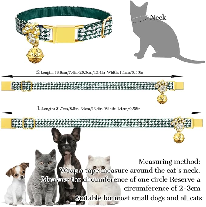 Personalized Breakaway Cat Collars - Magnetic Buckle, Bell - Safety Quick Release, Customized for Girls & Boys Cats- (Houndstooth-Green)