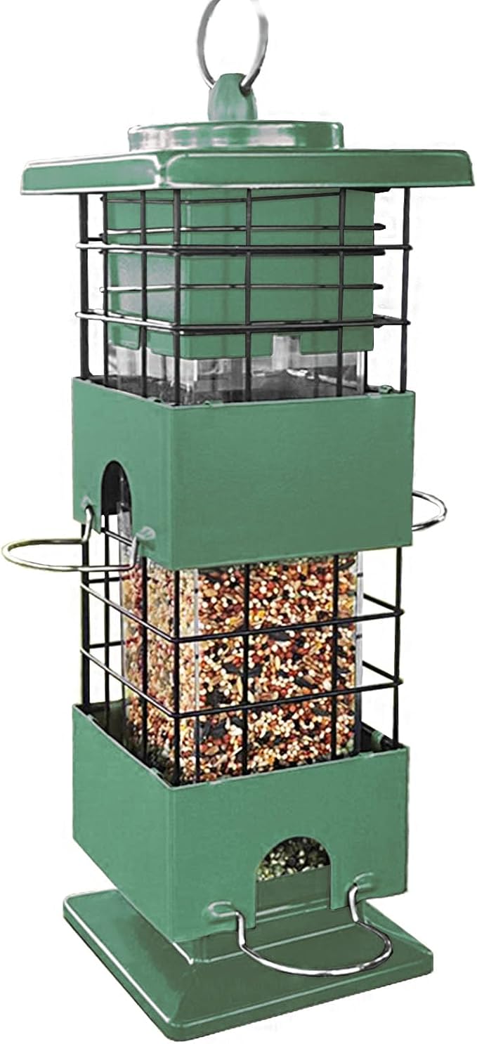 Squirrel Proof Bird Feeder, Metal Bird Feeders for Outdoors, 3Lbs Birdfeeder Outside Hanging, Weight Activated Spring, 4 Feeding Ports, Cardinals, Finches & Sparrows, Wild Birds (Green)