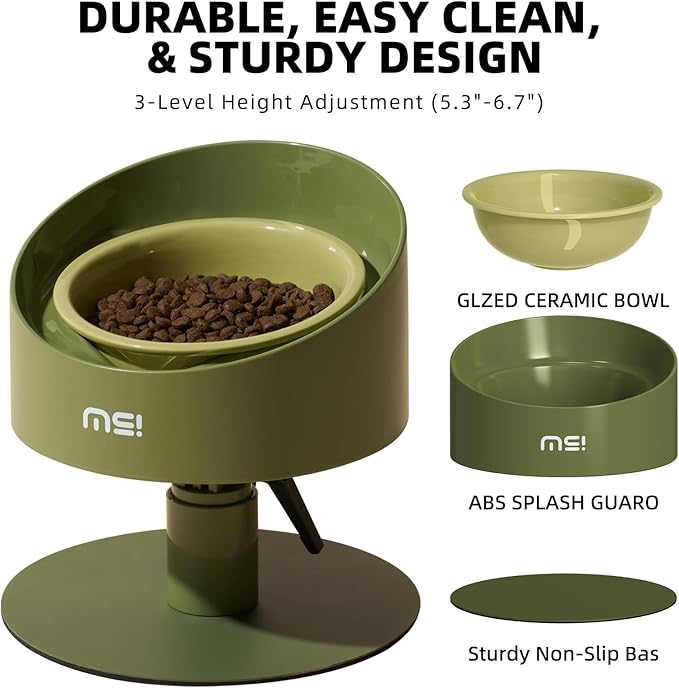 MS!MAKE SURE Adjustable Raised Cat Bowls, Ceramic Elevated Cat Bowls, Pet Bowl with Anti - Slip Rubber Pad, Leak - Proof, Lead & Cadmium Free, Whisker - Friendly, for All Life Stages of Age Green