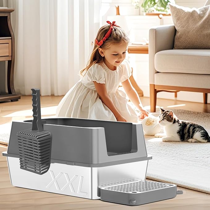 Extra Large Stainless Steel Cat Litter Box with High Sided Walls for Big Cats, Anti Urine Leakage, Odorless and Easy Cleaning, for Healthy Cats, Includes Foot Pad & Scoop - XXL Litter Box
