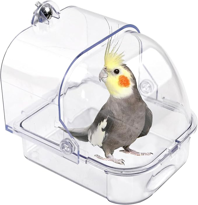 Bird Bath for Cage Transparent Bird Bathtub Hanging Portable Shower Pool No-Leakage with Stainless Steel Hooks for Small Birds Parakeet Canary Budgerigar Parrot Crested