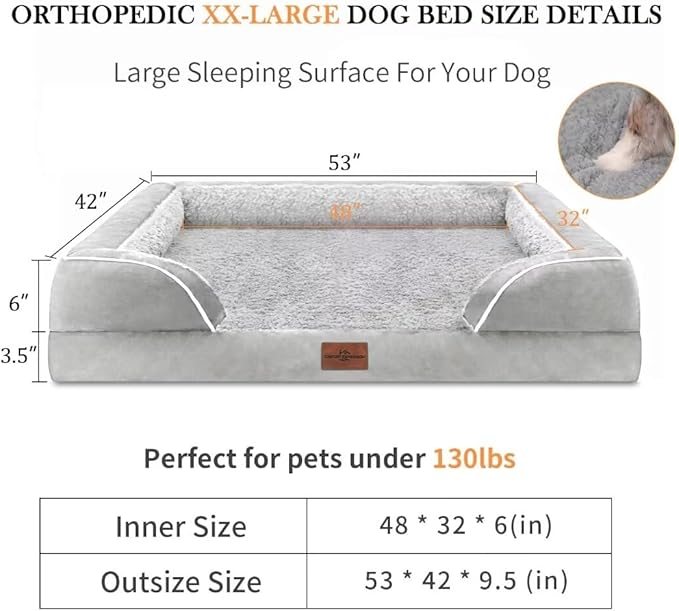 Comfort Expression XXL Dog Beds Waterproof for Extra Large Dogs, Orthopedic Memory Foam Dog Bed for Giant Dogs, Washable Pet Sofa Couch with Bolster & Removable Cover(XX-Large,Light Grey)