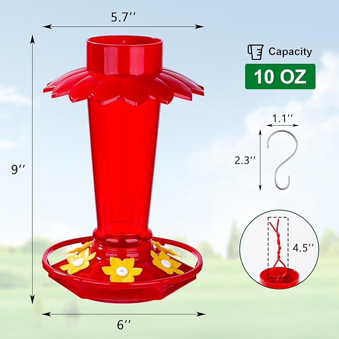 Plastic Hummingbird Feeders for Outdoors Hanging, 2 Pack 10 OZ Red Humming Bird Feeder with 6 Feeding Ports and Perch, Built-in Ant Moat, Gifts for Women Garden Decor
