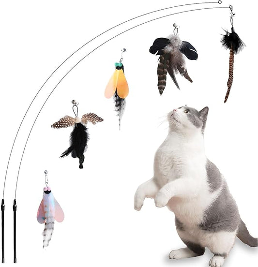 Cat Feather Toys, Indoor Cat Interactive Toys, 2 PCS Flexible Wire and 5 PCS Cat Feather Toys, for Bored Indoor Cats, Indoor Cat Chase Toys