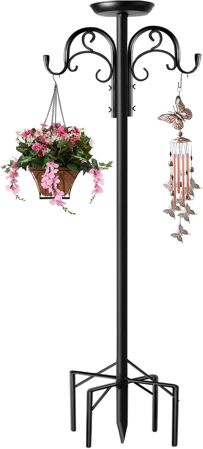 Double Shepherds Hooks for Outdoor Heavy Duty, Adjustable Shepherds Hook, 1 Pack 92 inch with 5 Prongs Base, Garden Hooks for Hanging Bird Feeders, Hanging Plants, Solar Light Lantern