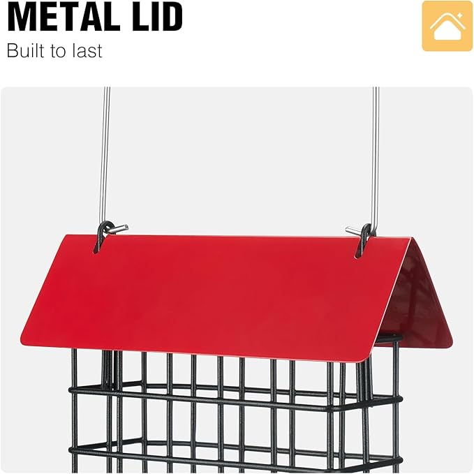 Veehoo 2Pcs Suet Bird Feeder for Outside Hanging with Metal Roof-Suet Cakes Cage Bird Feeder for Outdoors Hanging, Outdoor Garden Wild Bird Feeder Suet Holder, Woodpecker Feeder, Red