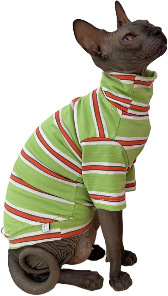 Vintage Stripes Sphynx Hairless Cats Shirt Cotton Cat Turtleneck Pet Clothes Kitten T-Shirts with Sleeves for Sphynx Cornish Rex, Devon Rex, Peterbald (Orange & Green, XX-Large (Pack of 1))