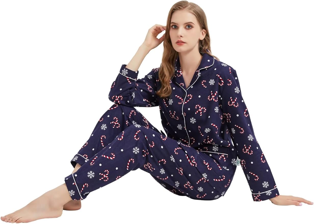 GLOBAL Flannel Pajamas for Women 2-Piece Comfy and Cozy Flannel Pj Set Cotton Loungwear