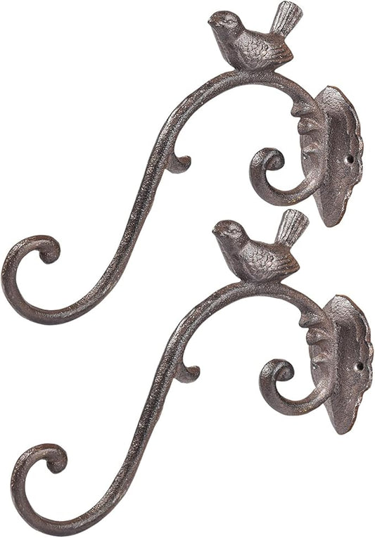 Sungmor Cast Iron Plant Hanger Wall Hooks, Heavy Duty Hanging Basket Brackets, Lovely Bird Shape & 10 inch & 2PC Brown, Decorative Wall Hangers for Planters Lanterns Bird Feeders Houses Wind Chimes