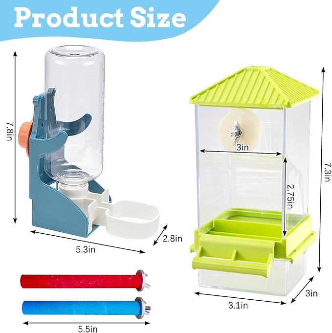 Hamiledyi No Mess Bird Feeders Water Dispenser Set Parakeet Seed Container Automatic Cage Feeder with Perch Transparent Cage Accessories for Budgies, Parakeets, Canaries, Lovebirds, Finches
