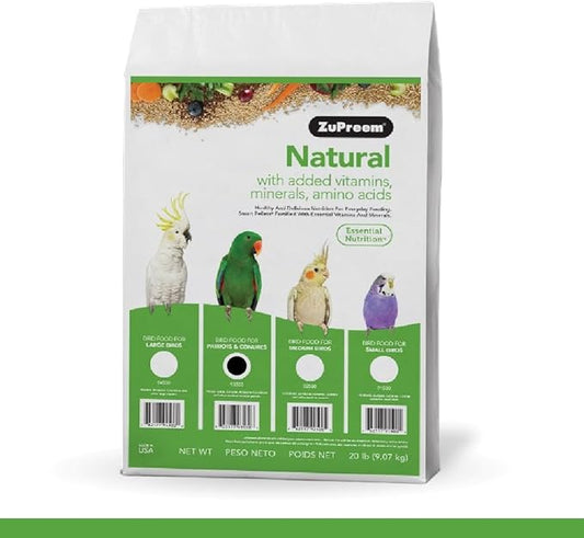 ZuPreem Natural Bird Pellets, Daily Bird Food for Parrot, Conure, Caique, African Grey, Eclectus, Small Cockatoo, Core Nutrition for Medium Large Birds, Added Vitamins, Parrot Food (M/L, 20 lb)