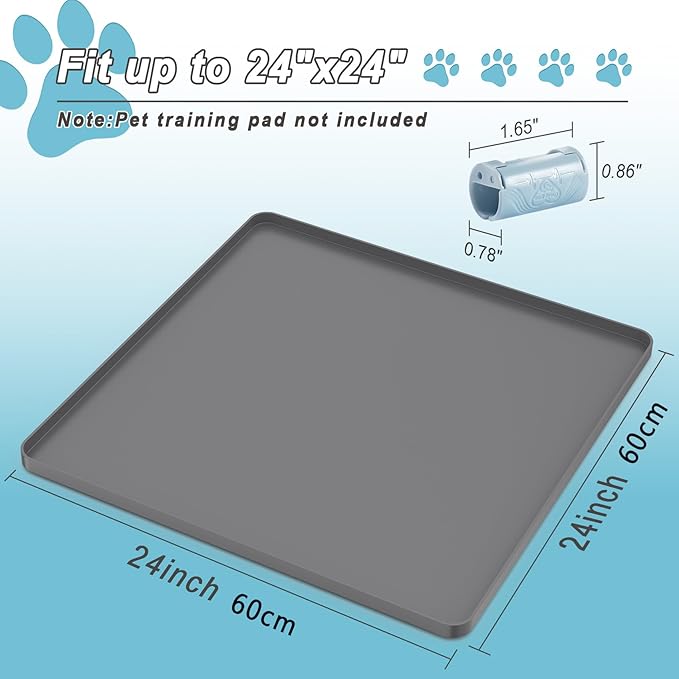 Pee Pad Tray Holder for Dog,Silicone Dog Puppy Pad Holder,24" x 24" No Spill Raised Lip High Edge Leak-Proof Mat Holder for Training Pads,Square Potty Trays for Home Floor Protection 6 Clamps
