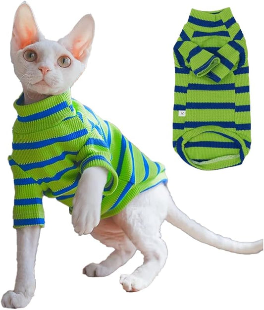 Striped Waffle Knit Shirt for Sphynx Cat, 2-Leg Long Sleeve Lightweight Outfit for Hairless Cats, Soft All-Season Pet Clothes (Green, XXX-Large (12-15 lbs))