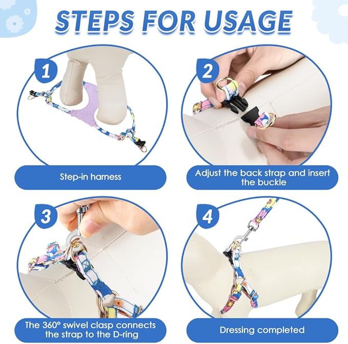 SlowTon No Pull Dog Harness with Leash - Soft Lightweight Floral Pattern Puppy Harness, Adjustable Pet Harness for Small Medium Dogs (Blue Flower S)