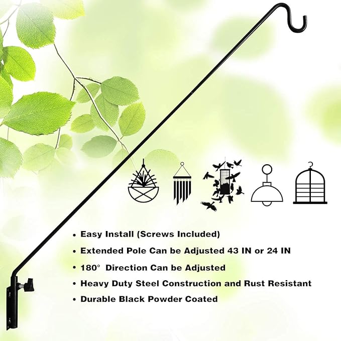 Heavy Duty Extended Reach Wall Mounted Deck Hook Wall Pole, Wall Bracket Direction and Length Adjustable Plant Bracket for Bird Feeders, Planters, Suet Baskets, Lanterns, Wind Chimes and More,Black