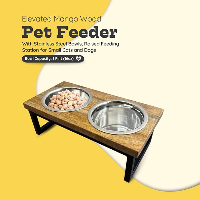Elevated Dog Bowls, Small 4 Height Mango Wood Raised Dog Bowl Iron Stand with 2 Pcs 16oz Stainless Steel Pet Dishes | Food & Water 2Cup/0.47L Capacity Nonslip Cats Feeding Station