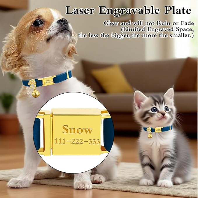 Personalized Breakaway Cat Collars - Magnetic Buckle, Bell - Safety Quick Release, Customized for Girls & Boys Cats- (Velvet-Navy)