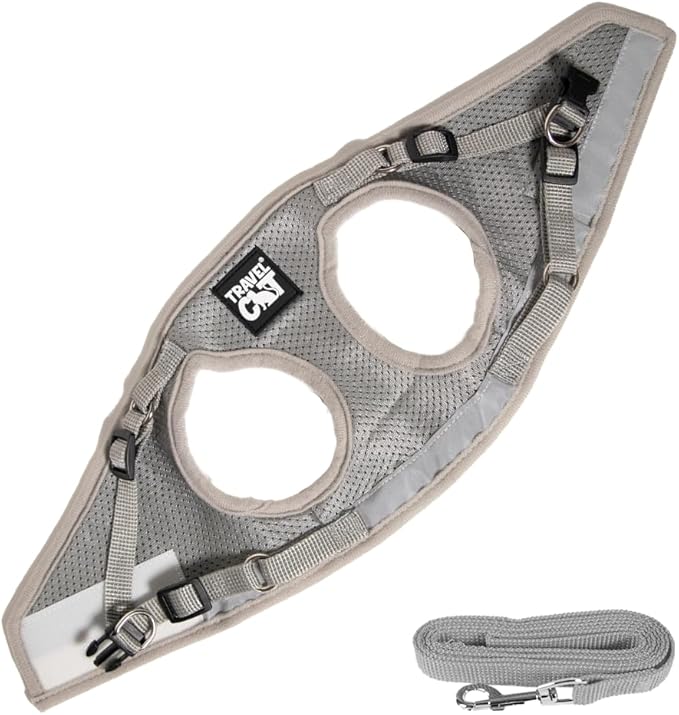 Travel Cat Harness and Leash Set - Adjustable Fit Mesh Cat Harness and Reflective Strap - Comfort Walking Vest for Kitten for Outdoor Walking, Hiking (Large, Grey)