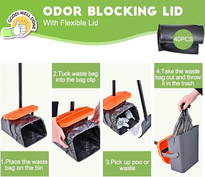 Pooper Scooper Swivel Bin & Rake Kit with 55 Waste Bags, 46" Long Handle Adjustable Portable Non-Breakable Dog Pooper Scooper Easy to Clean Pet Waste