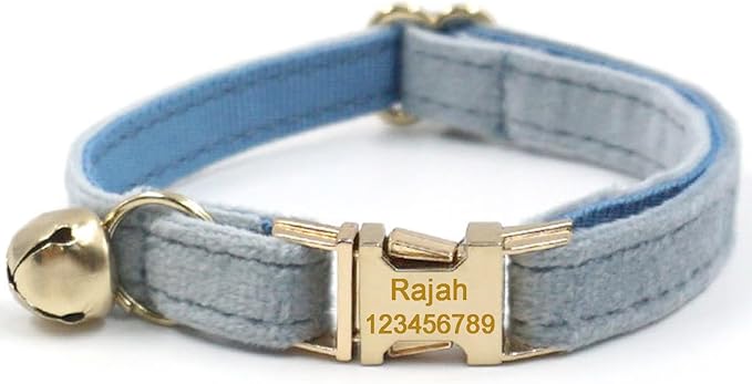Personalized Cat Collar with Bells,Velvet Customized Small Cat Collar with Name Tag,Pet Collar with Name Phone Number Engraved ID Tags for Boy and Girl Kitten Cats (Mist Blue)