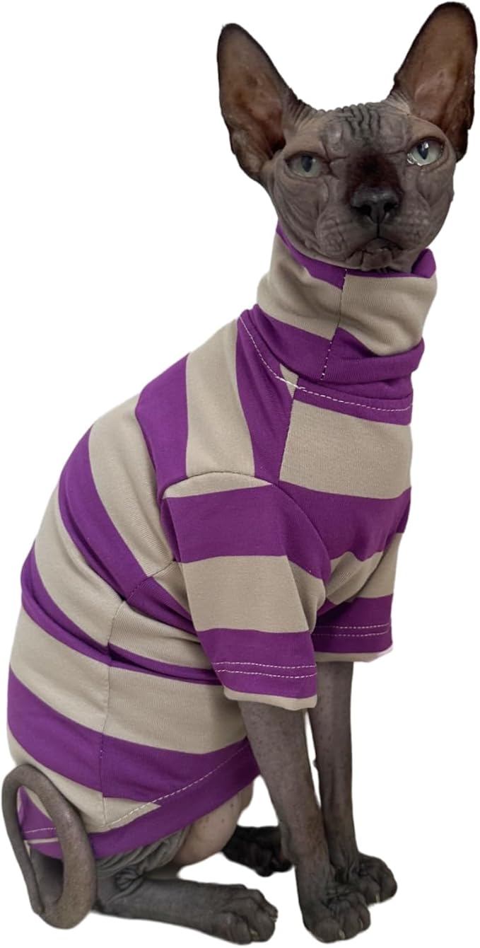 Vintage Stripes Sphynx Hairless Cats Shirt Cotton Cat Turtleneck Pet Clothes Kitten T-Shirts with Sleeves for Sphynx Cats (Wide Purple Grey Stripe, Medium)