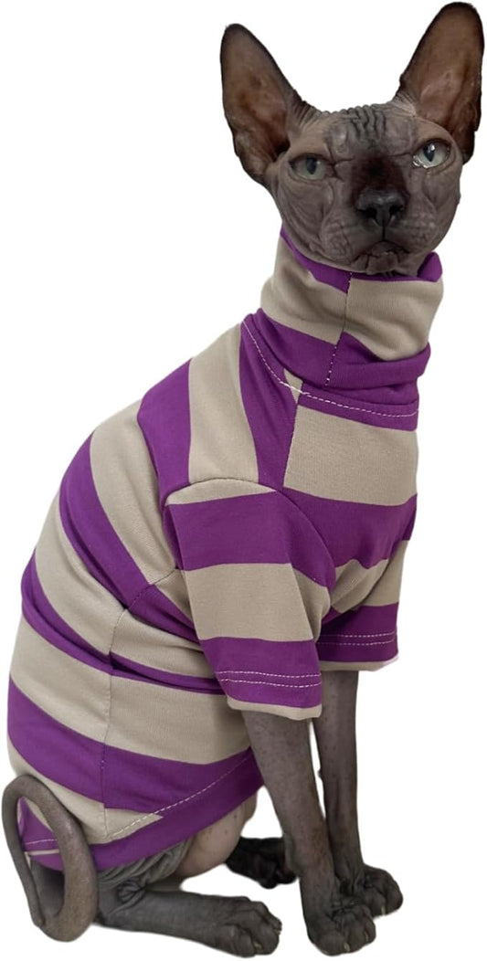 Vintage Stripes Sphynx Hairless Cats Shirt Cotton Cat Turtleneck Pet Clothes Kitten T-Shirts with Sleeves for Sphynx Cats (Wide Purple Grey Stripe, X-Large)