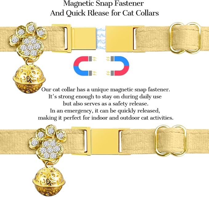Personalized Breakaway Cat Collars - Magnetic Buckle, Bell - Safety Quick Release, Customized for Girls & Boys Cats- (Velvet-Yellow)