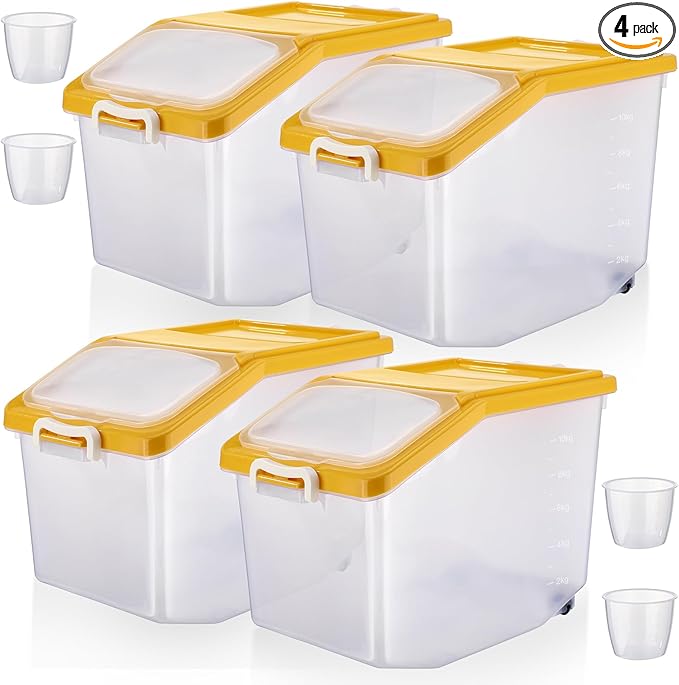 Sunnyray 4 Pcs Rice Storage Container 27.6 lb Airtight Flour Container with Wheels and Lids Measuring Cup Clear Pet Food Dog Birds Cat Food Bin Grain Cereal Organizer Box(Yellow)