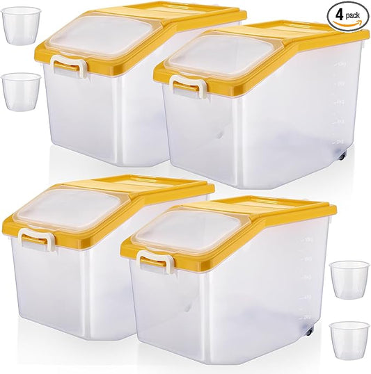 Sunnyray 4 Pcs Rice Storage Container 27.6 lb Airtight Flour Container with Wheels and Lids Measuring Cup Clear Pet Food Dog Birds Cat Food Bin Grain Cereal Organizer Box(Yellow)